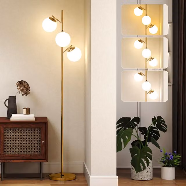 HOMCOM Modern Tree Floor Lamp with 3 White Glass Spheres in Gold/Brass