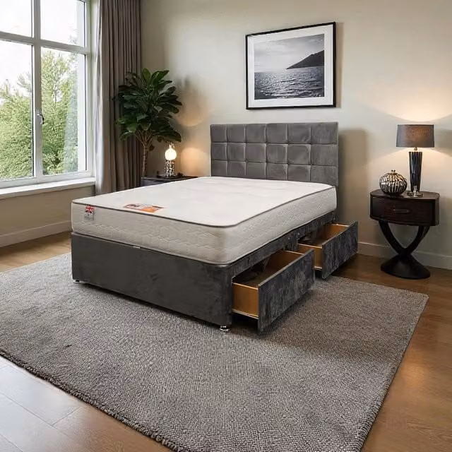 Knight Sleep Modern Upholstered Plush Bed Set with Mattress and Drawers in Grey Velvet Fabric, W/D/H: 140 x 200 x 60.96 cm