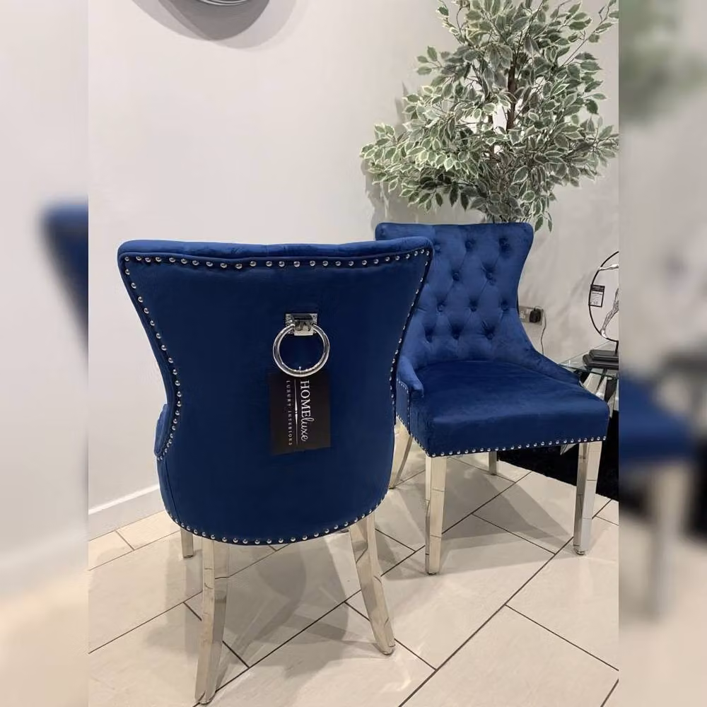 Home Luxe Interior Aydin Royal Blue Velvet Dining Chairs with Chrome Legs and Ring Knocker, Pair – 3