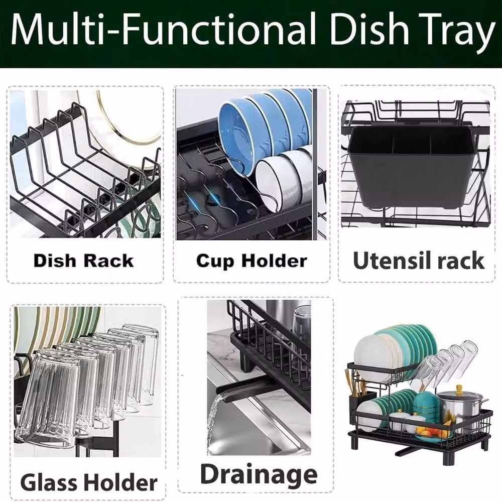ATEK 2 Tier Black Stainless Steel Kitchen Dish Drainer Rack with Cutlery Holder and Drip Tray – 8