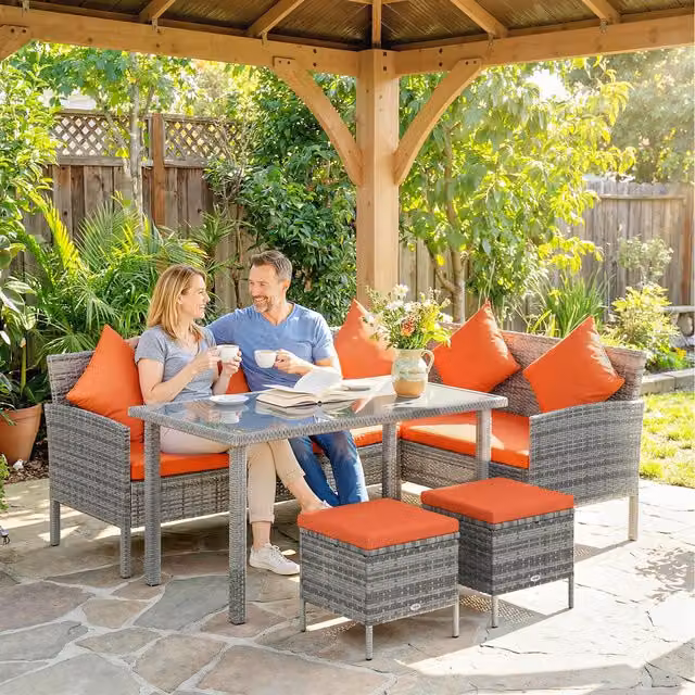 Outsunny 5-Piece Modern Rattan and Metal Dining Set in Orange