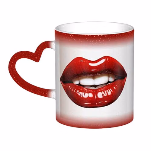 Oudrspo Red Lips Heat Sensitive Colour Changing Ceramic Coffee Mug, Black and Red, 12 oz