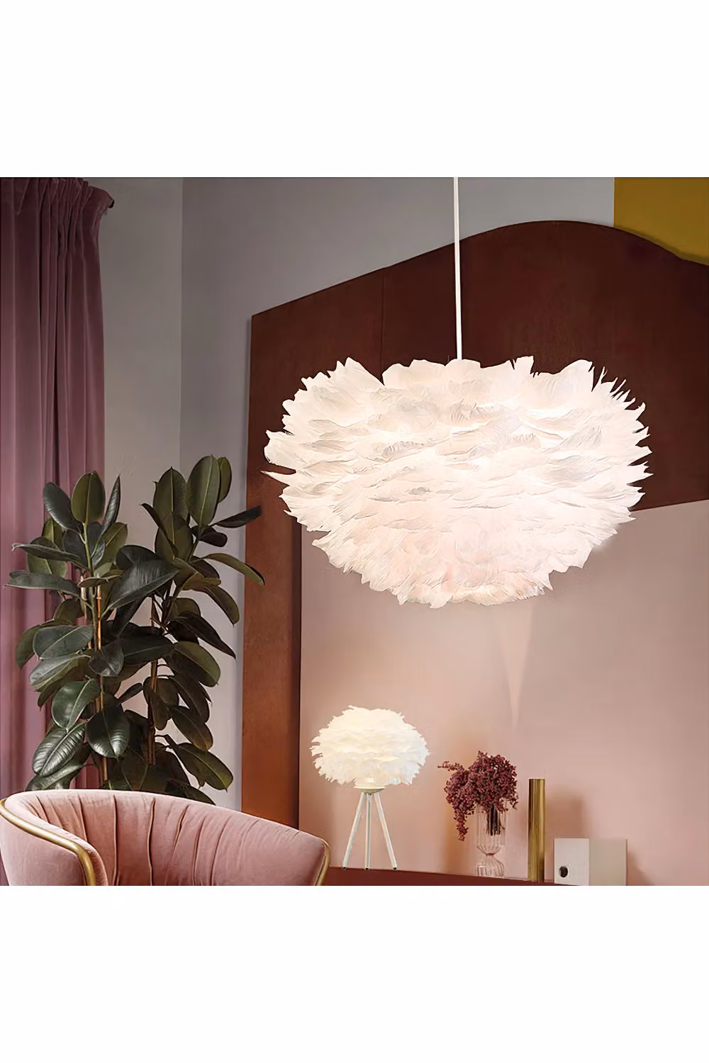 Living and Home Chic 3-Light Feather Pendant Chandelier in White, W/D/H: 50 x 50 x 120 cm – 4