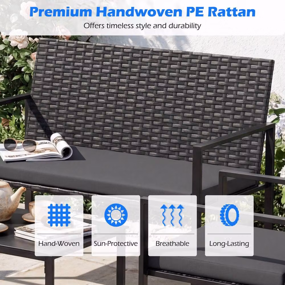 Costway 4-Piece Grey Polyrattan Patio Furniture Set with 2-Seater Sofa, Armchairs, Coffee Table and Upholstered Cushions – 9