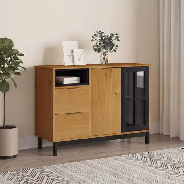 Berkfield Home FLAM Sideboard with Glass Door in Brown Solid Pine Wood, W/D/H: 110 x 40 x 80 cm