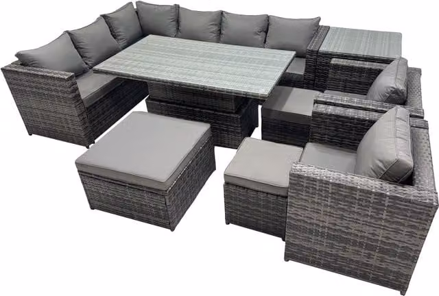 Fimous 11-Seater Rattan Corner Sofa Set with Height Adjustable Table in Dark Grey Mixed
