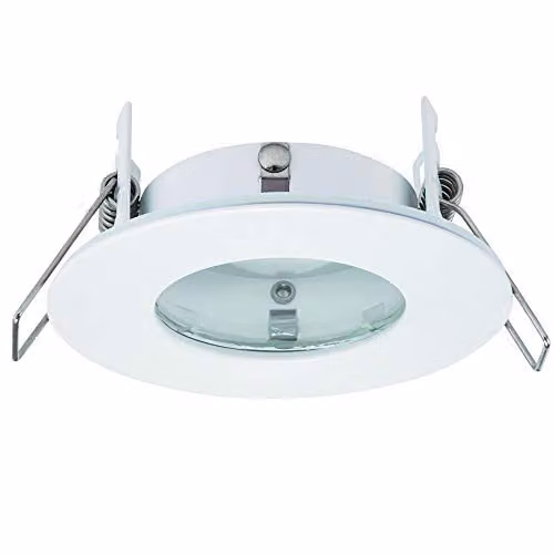 Loops IP65 Round Slim Recessed Ceiling Downlight, Matt White and Transparent Glass, GU10 LED Compatible, Moisture Resistant for Bathroom and Kitchen