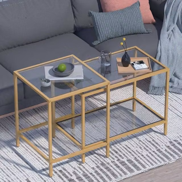 Huhote Set of 2 Modern Nesting Side Tables with Gold Metal Frame and Glass Tops