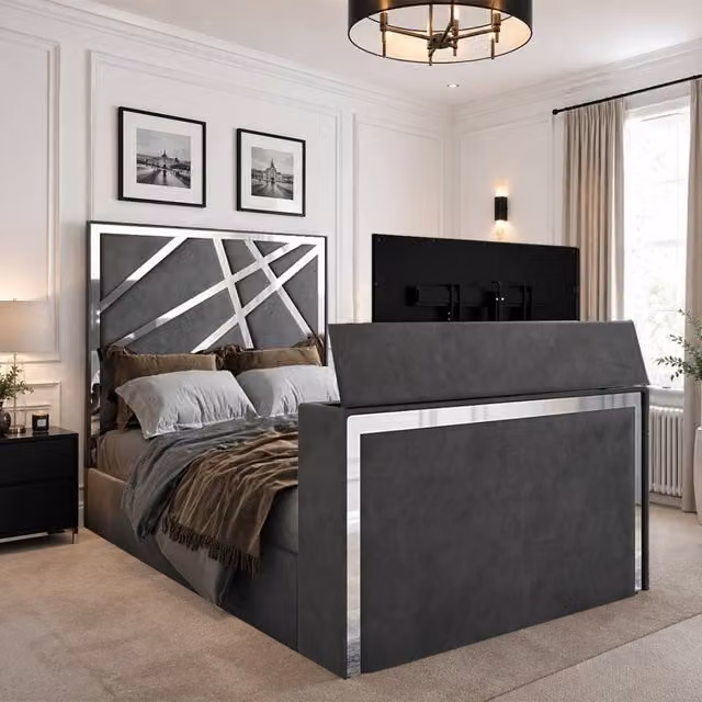 KDMD Askham Double TV Bed Frame in Grey Upholstered Soft Velvet – 1