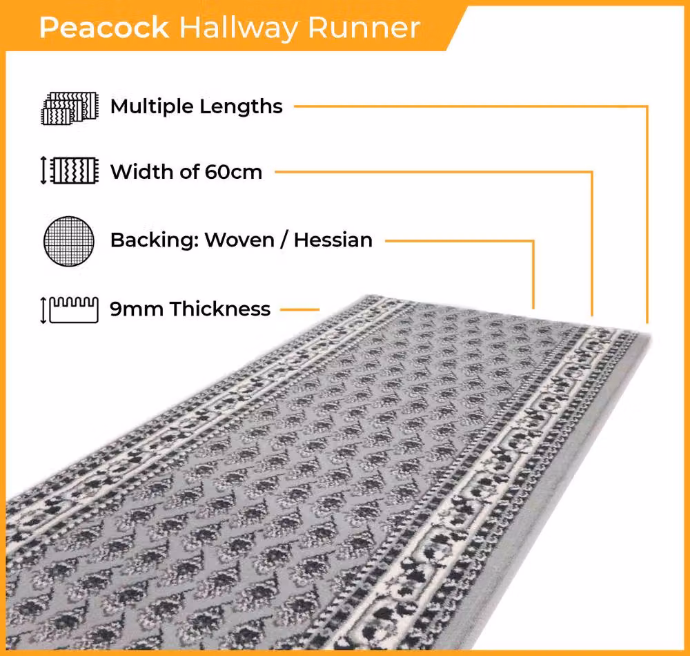 runrug Peacock Hallway Carpet Runner Rug in Grey, W: 60 cm, L: 360 cm – 2