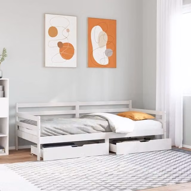 Berkfield Home Solid Wood Daybed with Drawers in White, W/D/H: 200 x 90 cm