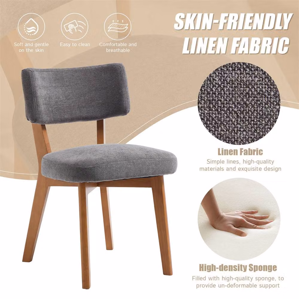 Direct Wicker Set of 2 Mid-Century Grey Linen Dining Chairs with Solid Wood Frame – 3
