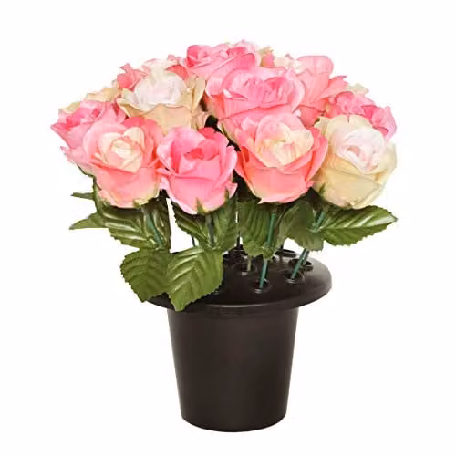 Sincere Floral SF Artificial Pink and Cream Rose Memorial Grave Pot with 16 Flowers and Vase Insert