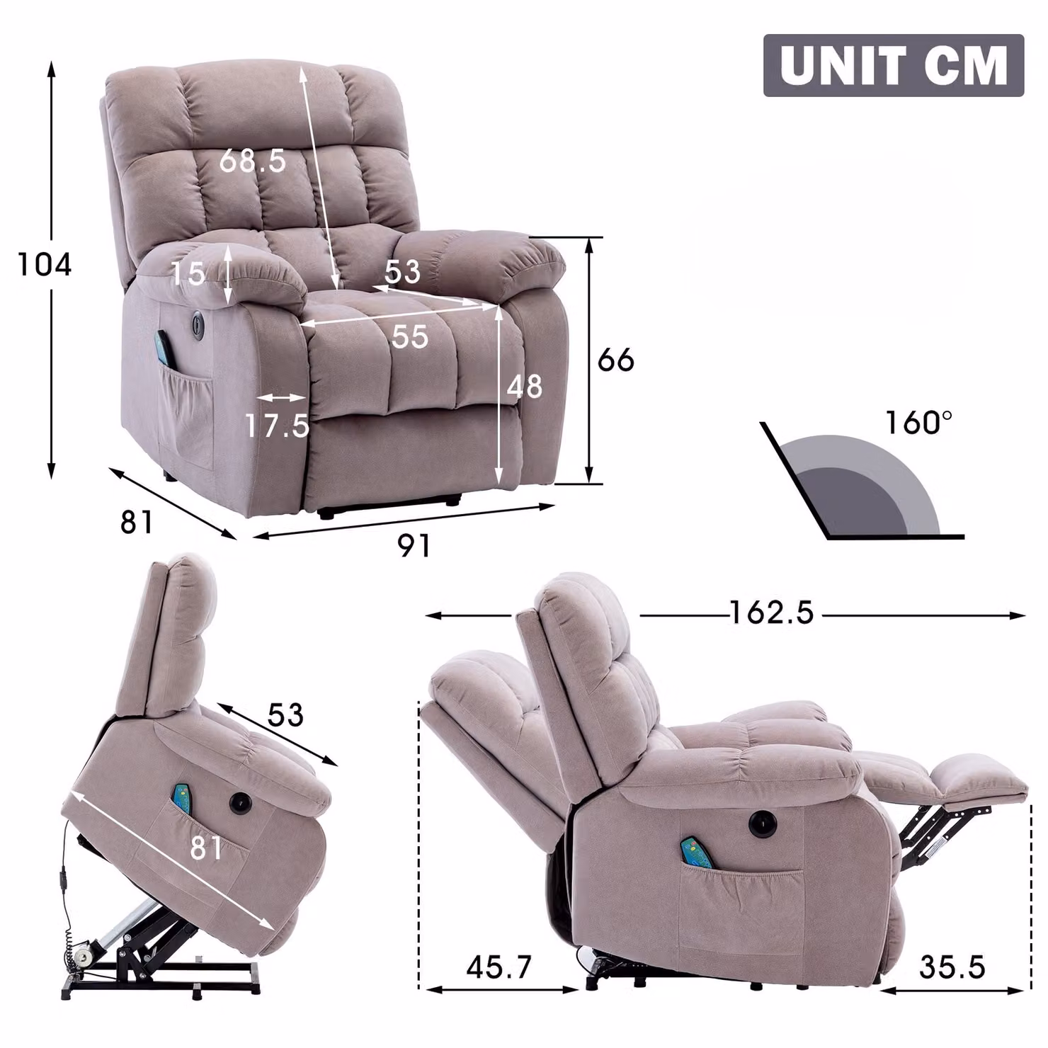 Aosom.UK Electric Power Lift Recliner Armchair with Vibration, Heating, Massage, USB Ports and Side Pockets, Beige, W/D/H: 81 x 91 x 104 cm – 3