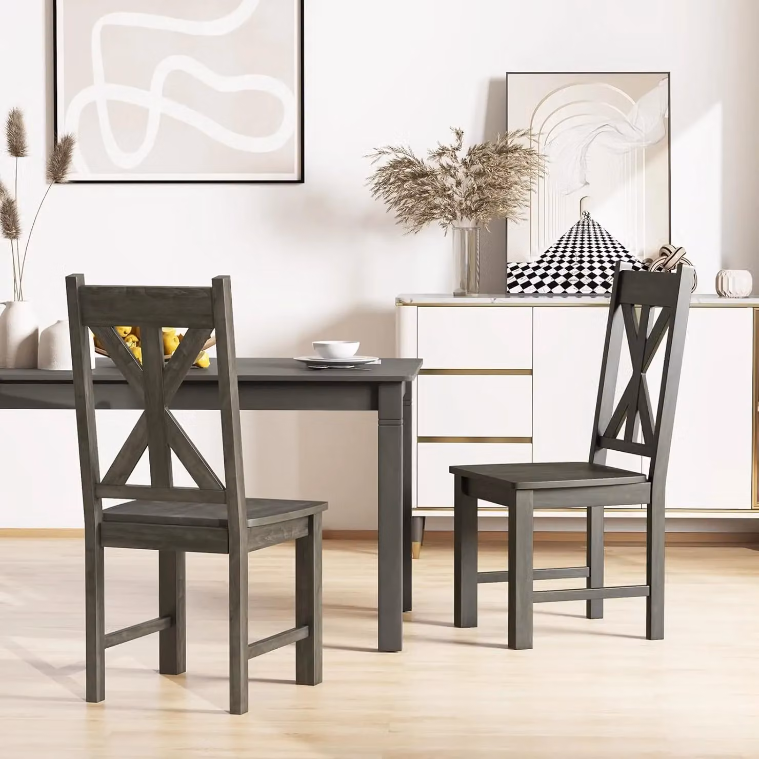 Gymax Set of 2 Grey Wooden Dining Side Chairs with Hollowed Backrest and Rubberwood Legs – 2