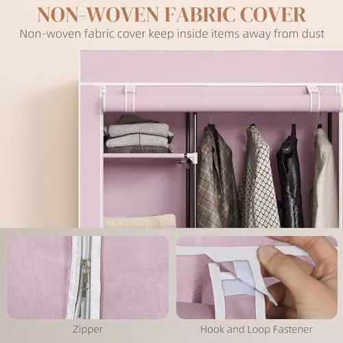 HOMCOM Pink Fabric Wardrobe with Hanging Rail and Internal Shelves, W/D/H: 103 x 43 x 162.5 cm – 3