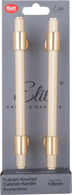 Pack of 2 Fulham Knurl T Bar Cabinet Handles in Brushed Brass, 128mm