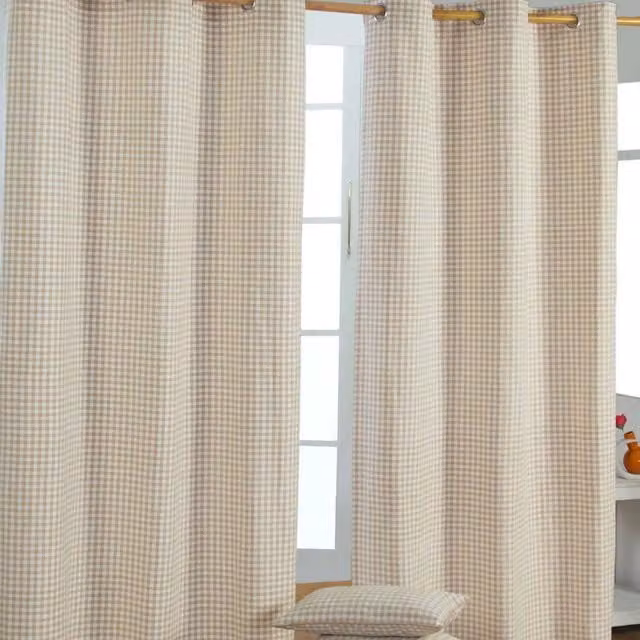 Homescapes Cotton Gingham Eyelet Curtain Pair in Beige and Brown, W/D/H: 137 x 228 cm
