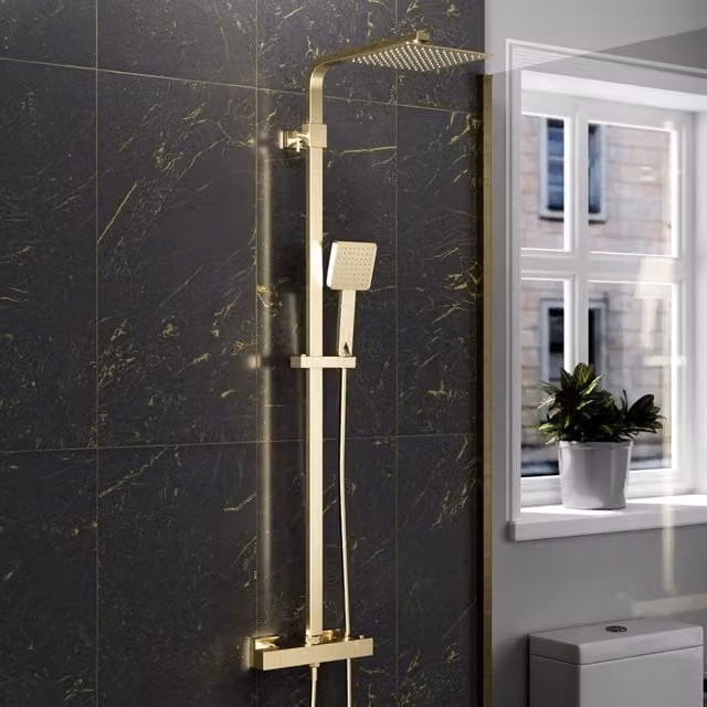 Nes Home Brushed Brass Square Exposed Thermostatic Shower Kit in Metallic Gold with Rain Overhead Shower and Hand Shower – 1
