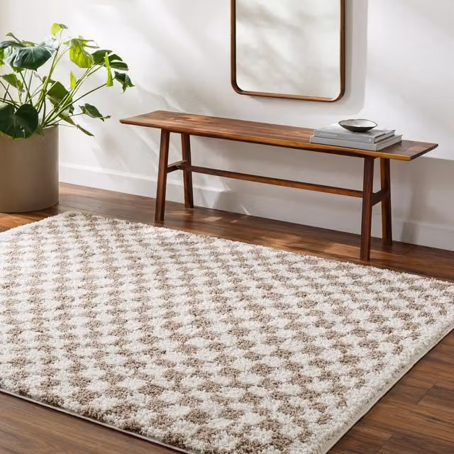 Livabliss Birmingham Checkerboard Soft Plush Pile Shaggy Living Rug in Tan, W: 160 cm, L: 215 cm – 1