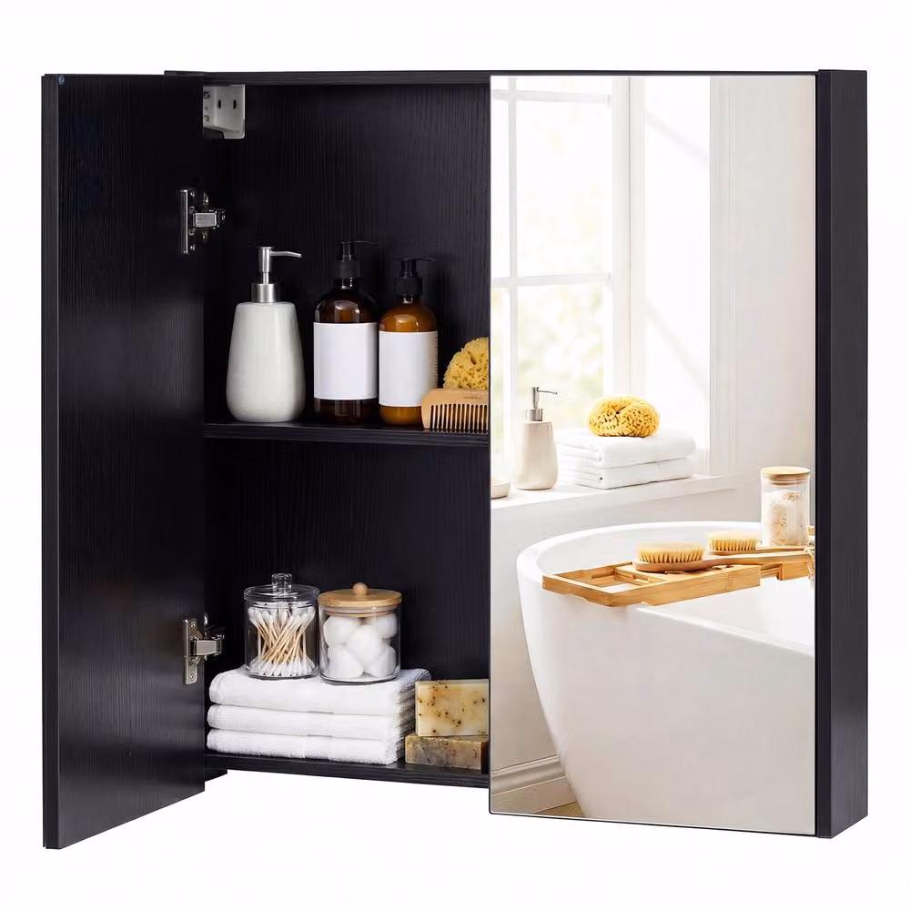 Costway Modern Black Wooden Wall Mounted Bathroom Medicine Cabinet with Mirror and Soft Close Hinged Doors – 3