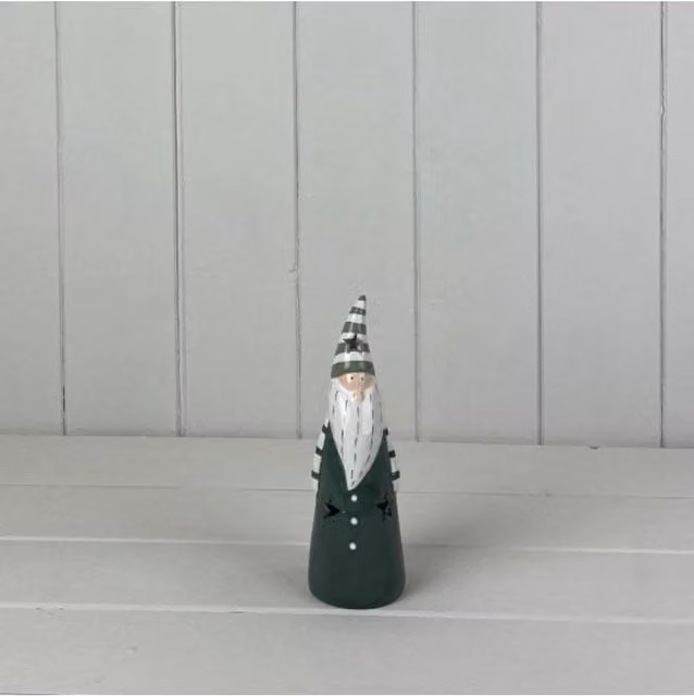KDMD Dark Green and White Striped Ceramic Gonk Christmas Decoration with LED, Height: 16.5 cm