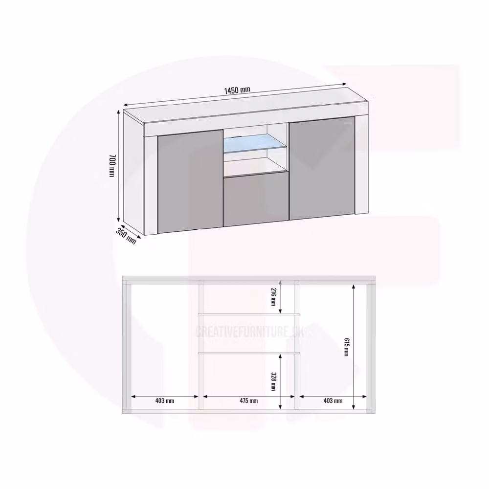 Mex Furniture LTD Aurora Sideboard in Oak and White Gloss with Integrated LED Lighting, W: 145 cm, H: 70 cm, D: 35 cm – 3