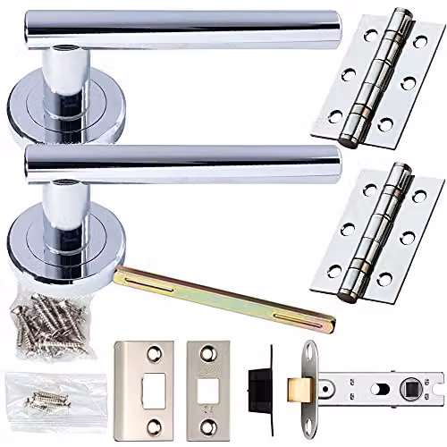 Loops Chrome Modern Straight T-Bar Door Handle and Latch Pack with Screwless Round Rose