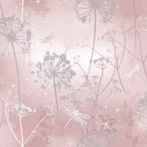 Arthouse Damselflies Pink, Silver and Grey Blush Sparkling Botanical Wallpaper