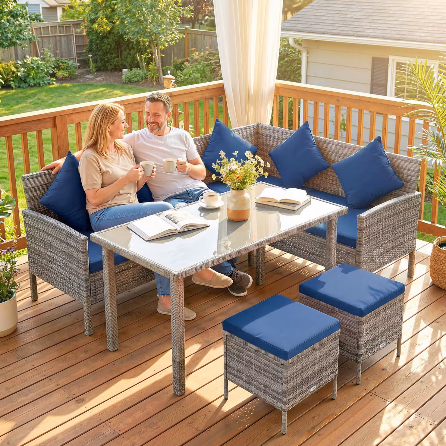 Outsunny 5 Piece Rattan Garden Furniture Set with Dining Table and Dark Blue Cushions – 8
