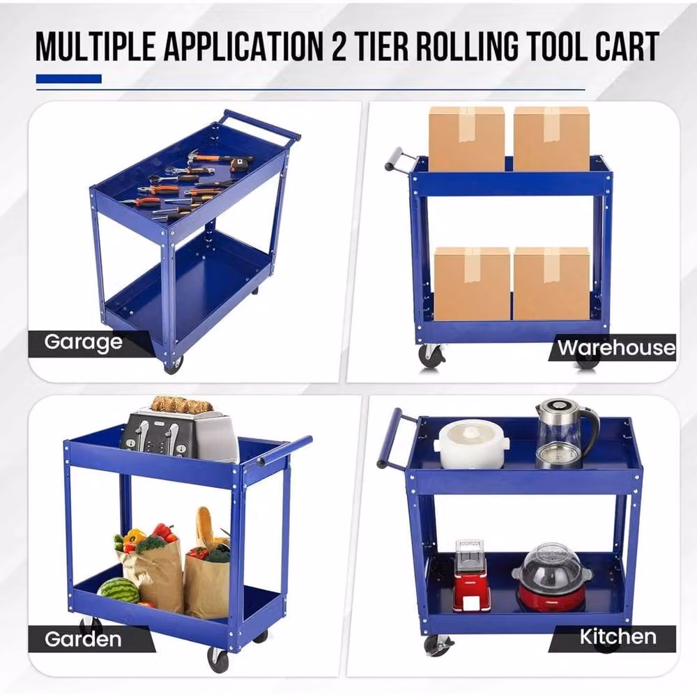 VOGREX 2 Tier Heavy-Duty Metal Utility Cart with Wheels, Blue – 6