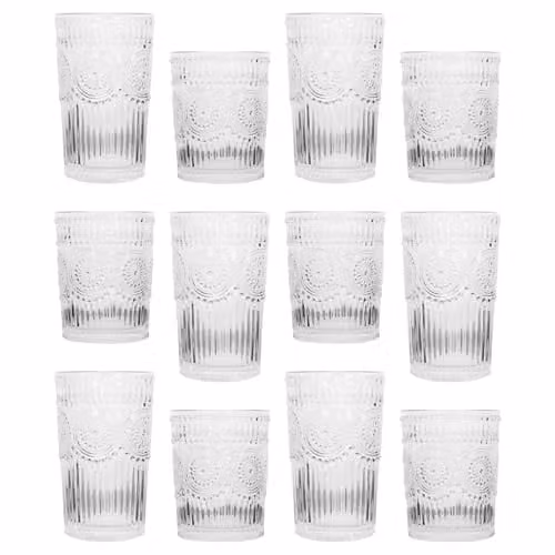 Argon Tableware Amore 12 Piece Floral Glassware Set in Transparent, including 6 x 350ml Highball Glasses and 6 x 300ml Tumblers