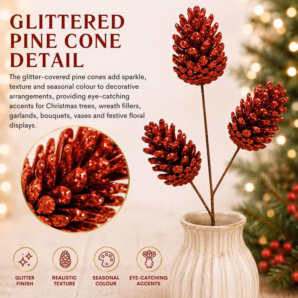Shatchi Red Glitter Pine Cone Christmas Picks, 12 Pack, Height: 58 cm – 5