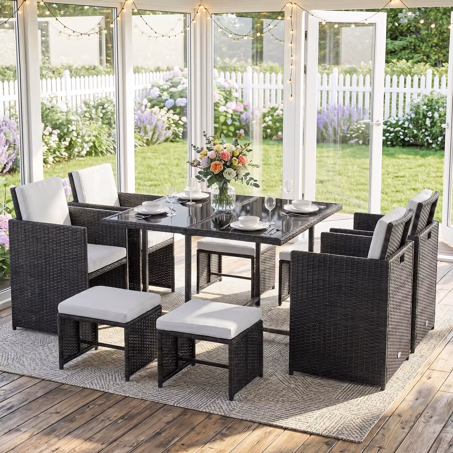 Outsunny 9-Piece Black Rattan Garden Dining Set with Glass Top Square Table and 8 Stools – 7
