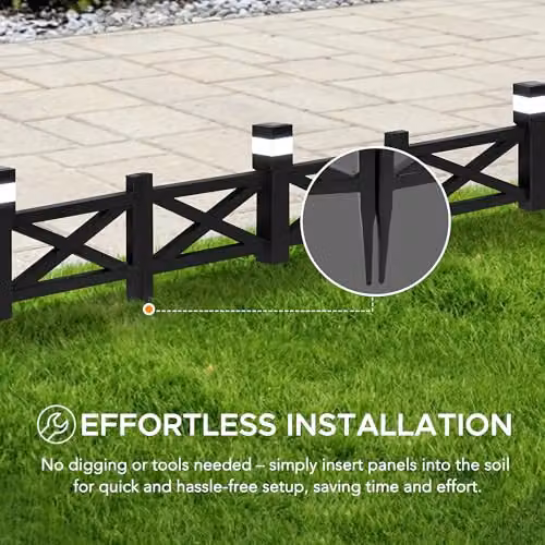 Sunjoy 5-Pack Solar Garden Fence with Waterproof LED Path Lights, Black Metal Decorative Lattice Border Fencing Panels – 4