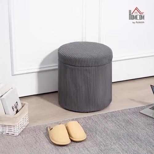 HOMCOM Round Corduroy Storage Ottoman with Removable Lid in Grey, W/D/H: 40 x 40 x 41 cm – 2