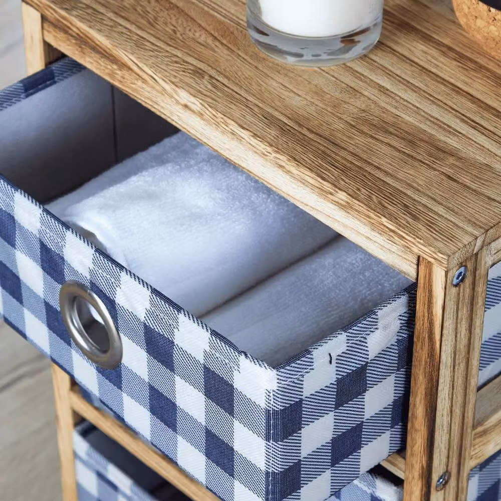 FORGEVIO Wooden Storage Chest with 4 Brown Checked Plaid Fabric Drawers – 2