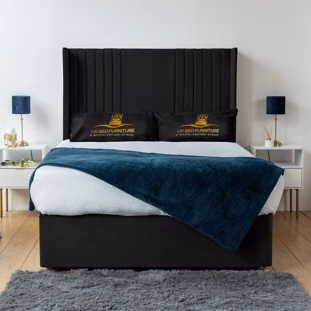 UK Bed Furniture Skyline Wingback Divan Bed Base with 54 Inch Headboard in Black Velvet, Size: King (W/D: 180 x 200 cm)
