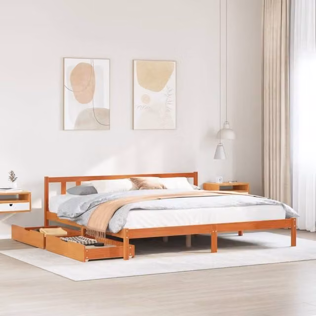Berkfield Home Rustic Solid Wood Pine Bed Frame with Drawers, Wax Brown, W/D/H: 200 x 200 cm – 1