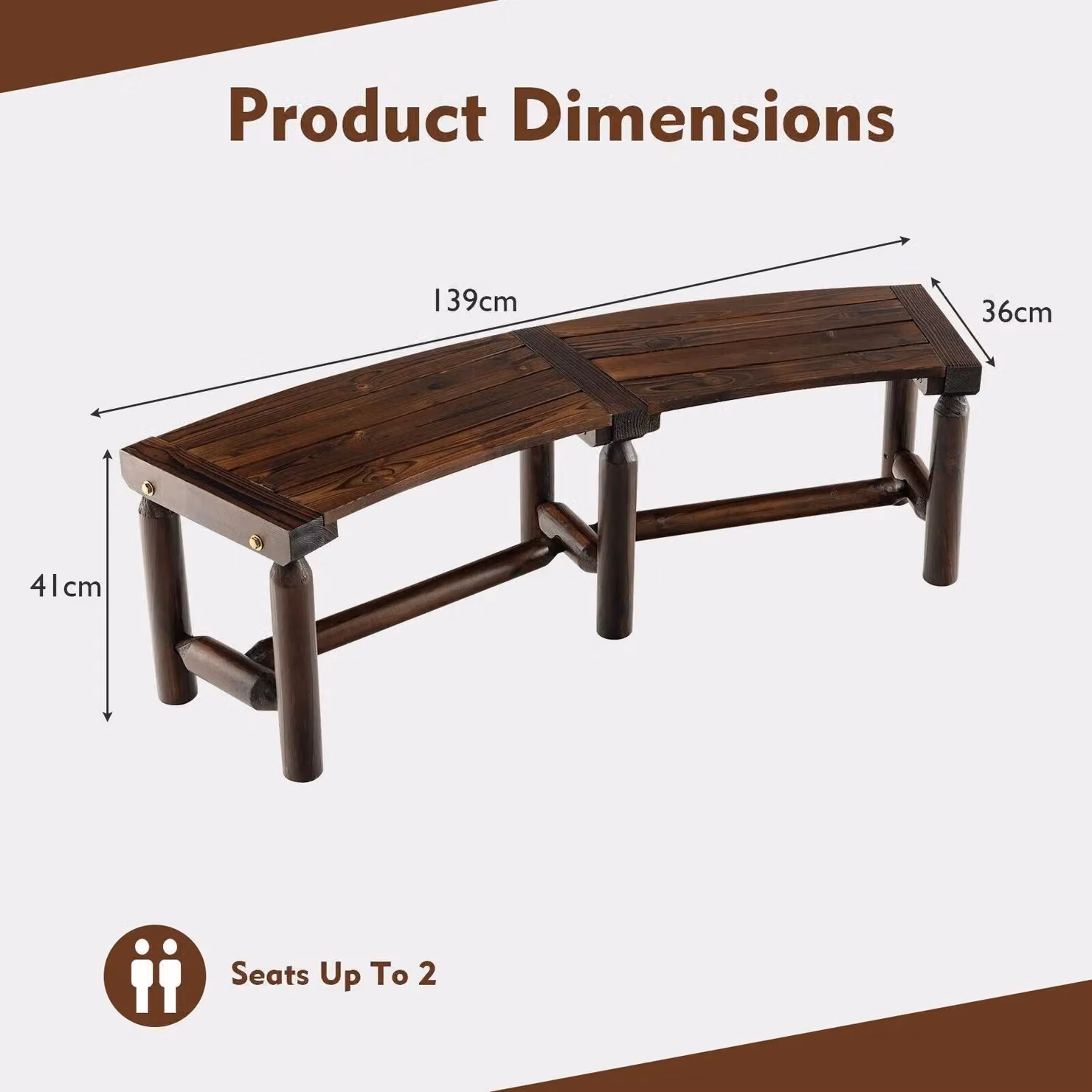 Costway Brown Carbonised Pine Wood Curved Garden Bench and Patio Loveseat – 2