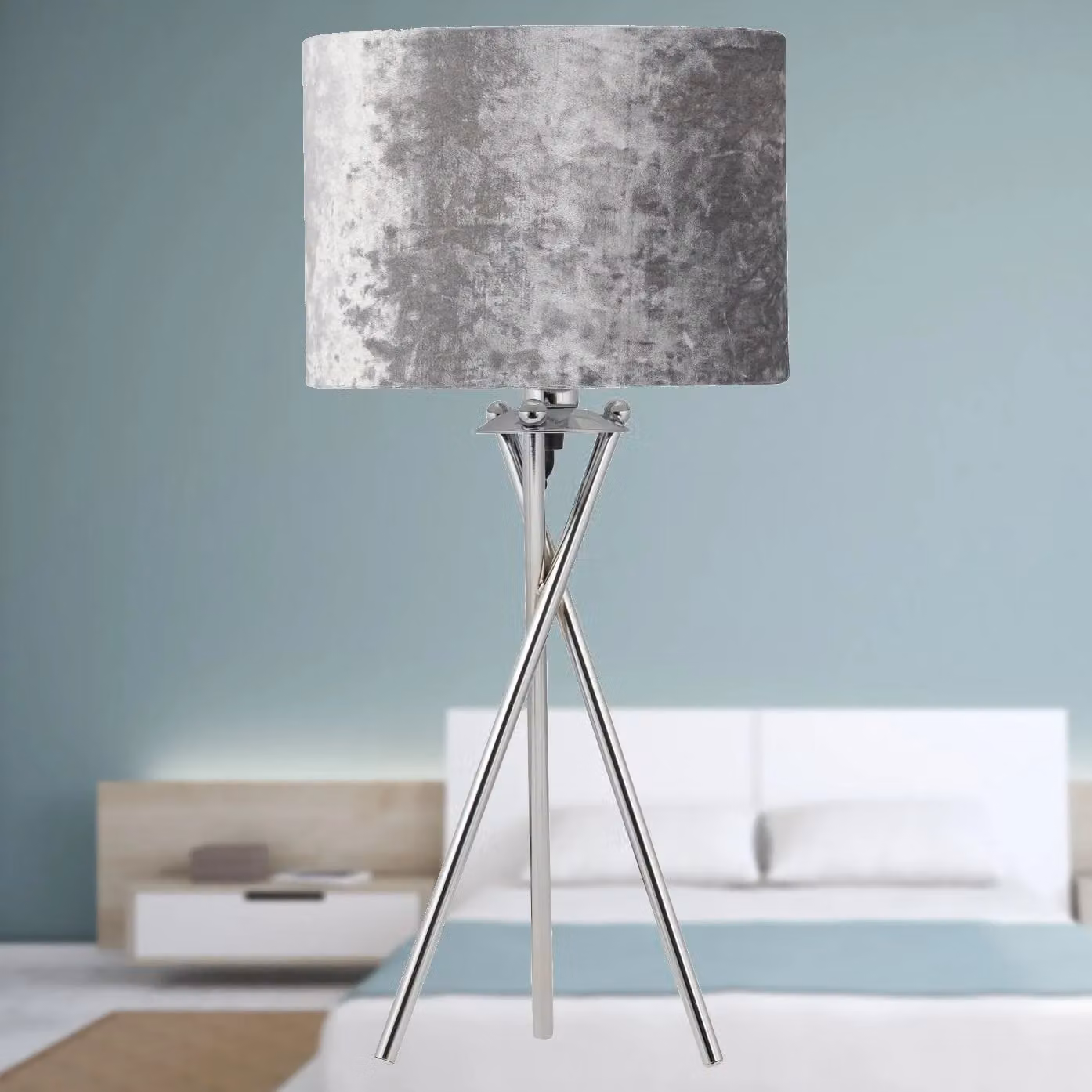 First Choice Lighting Set of 2 Chrome Tripod Table Lamps with Grey Fabric Shades – 3