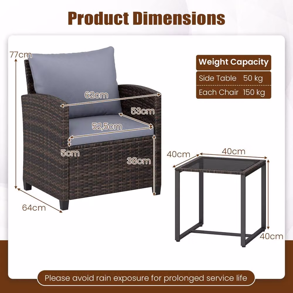 Costway 3-Piece Grey PE Rattan Outdoor Bistro Set with Upholstered Cushions and Coffee Table – 2