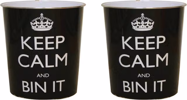 JVL Keep Calm And Bin It Slogan Metal Waste Paper Bin, Black