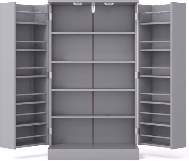 COSTWAY Modern Grey Kitchen Pantry Cabinet with Hinged Doors and Internal Shelves