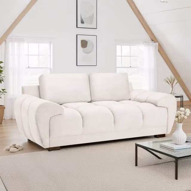 Furnishings For Less UK Zura 2 Seater Sofa in Cream Plush Fabric with Wooden Legs