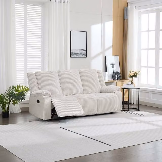 More4Homes Verona 3 Seater Manual Recliner Sofa in Beige Jumbo Cord Fabric, W/D/H: 216.0 x 93.0 x 103.5 cm
