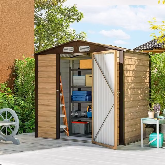 OUTSUNNY Brown Oak Metal Garden Shed with Vent and Single Door – 1