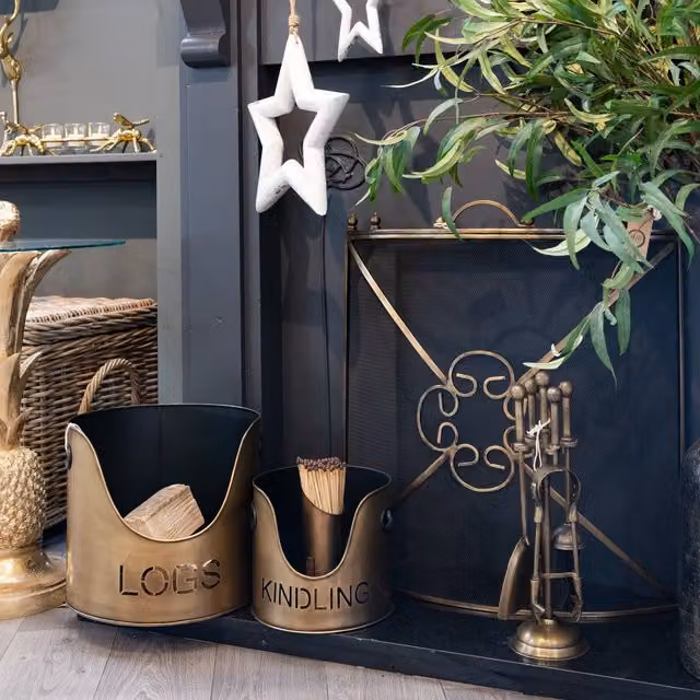 KDMK Metal Log and Kindling Bucket Set with Matchstick Holder in Bronze and Gold