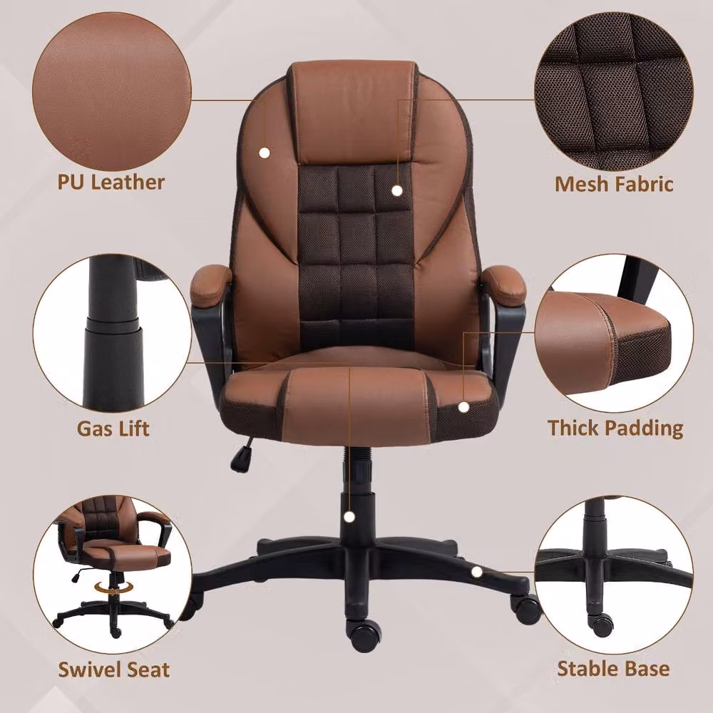 Rolipo Brown Faux Leather Modern Task Chair for Home Office with Armrests and Castors – 6