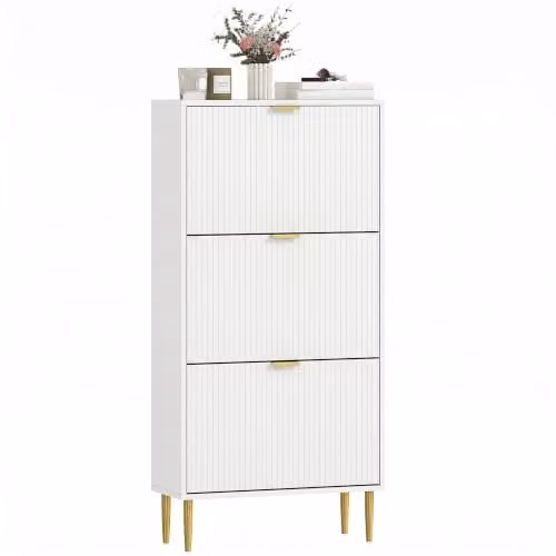 HOMCOM Modern Narrow Shoe Cabinet with 3 Tilting Drawers and Internal Shelves, White and Gold, H 122.5 x W 60.0 x D 24.0 cm – 1